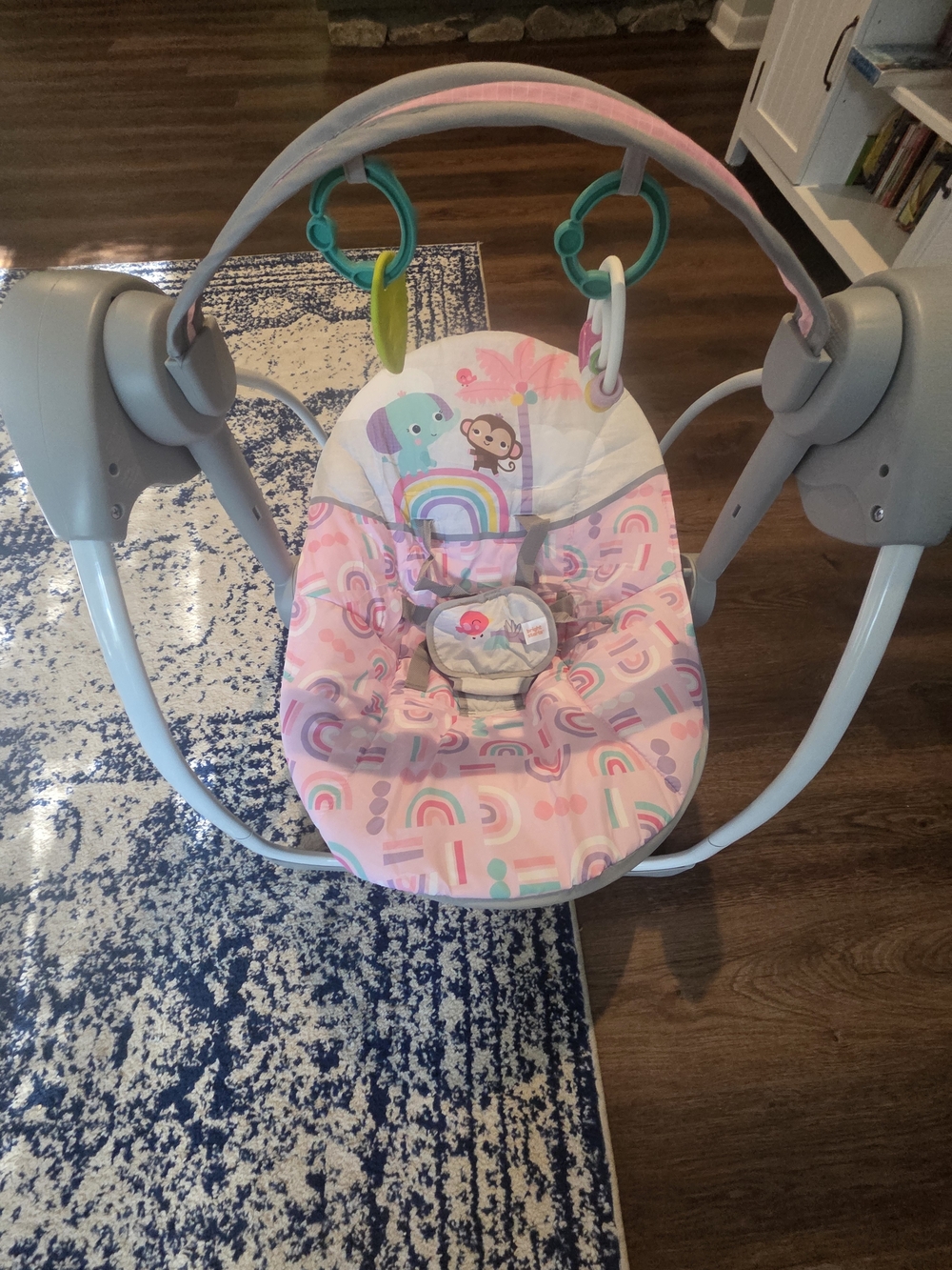 Pink Rainbow Baby Swing Seat with Toy Bar - Cute Animal Print